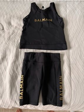 Balmain Black Crop Tank & Bike Shorts with Gold Logo